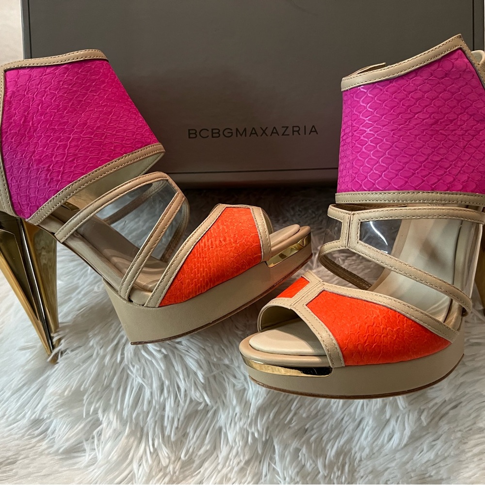 🎉HP🎉NWT BCBG Maxazria Ma-Hex Orange and Pink Heels - Picture 4 of 16